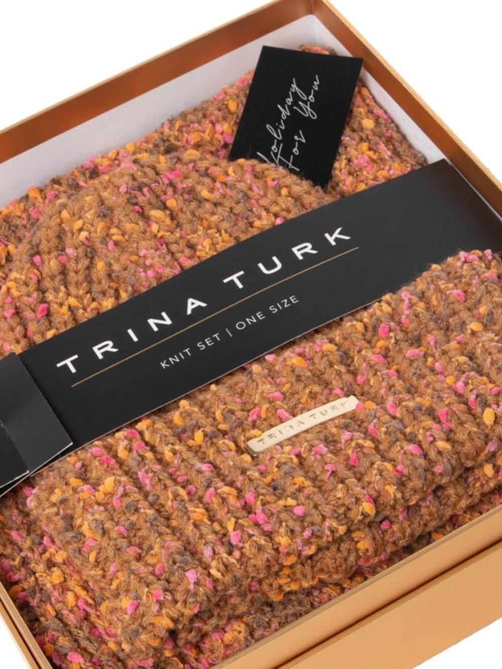 Trina Turk speckled knit scarf & beanie set in gold gift box - NWT